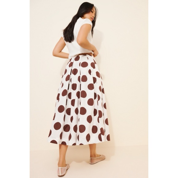 NWT Anthro Maeve Cotton Poplin Pleated Cream and Brown Polka Dot Midi Skirt XS - Picture 12 of 15